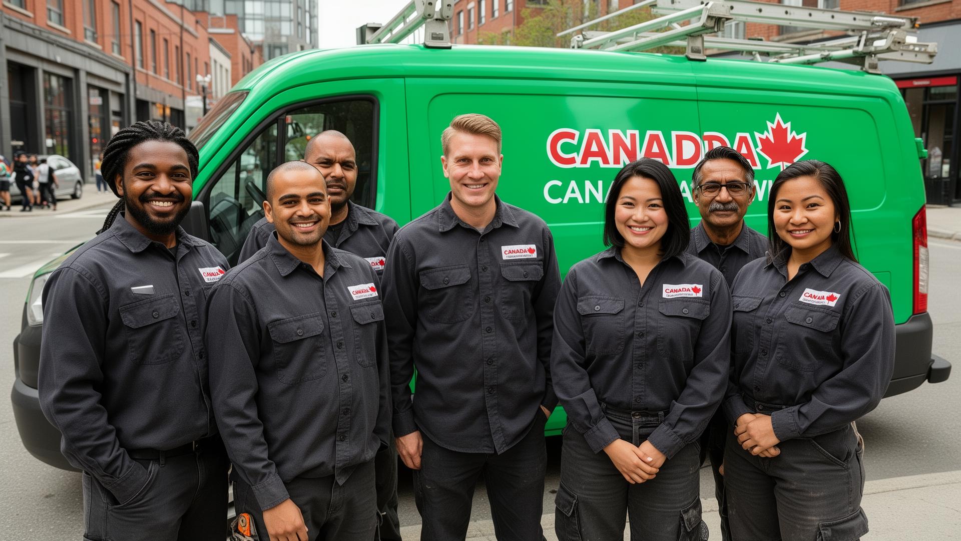 Diverse WowOddJobs Canadian handyman team standing in front of a green branded service van